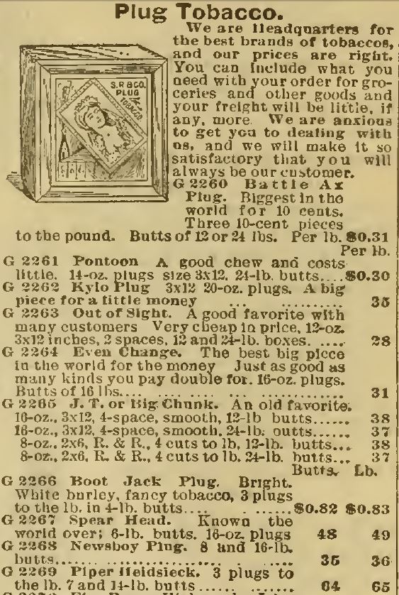 Kristin Holt | Victorian-American Tobacco Advertisements. Plug Tobacco advertised in Sears Catalog, 1898. Battle Ax Plug, Pontoon, Kylo Plug, out of Sight, Even Change, J.T. or Big Chunk, Boot Jack Plug, Bright, Spear Head, Newsboy Plug, Piper Heidsieck, and more.