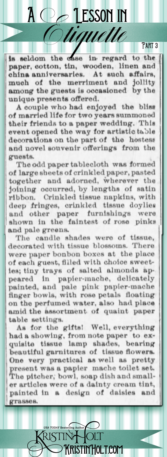 Kristin Holt | Victorian-American Wedding Anniversaries: A Lesson in Wedding Anniversary Etiquette, Part 3 of 4. From The Eureka Herald and Greenwood County Republican of Eureka, Kansas on April 20, 1894.