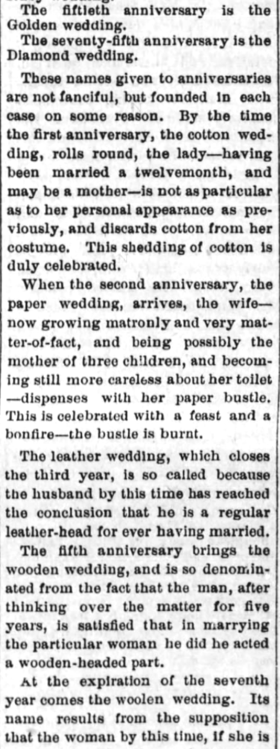 Kristin Holt | Victorian-American Wedding Anniversaries: 2 of 5: Victorian-American Wedding Anniversaries and Sarcasm Victorian-style. From Santa Cruz Sentinel of Santa Cruz, California on November 5, 1884.