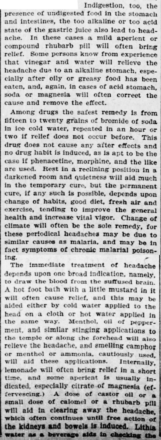 Kristin Holt | Victorian-American Headaches: Part 7. Concluding remarks (part 1 of 2) of "Such a Headache," within The Indianapolis Journal of Indianapolis, Indiana on January 6, 1901. 