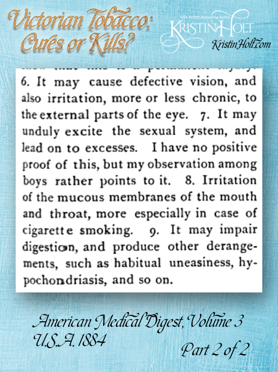 Kristin Holt | Victorian Tobacco: Cures or Kills? The Use of Tobacco by Boys, from American Medical Digest, Volume 3 (U.S.A.) 1884. Part 2 of 2.