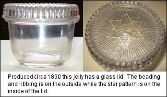 Photograph: "Produced circa 1890 this jelly has a glass lid. The beading and ribbing is on the outside while the star pattern is on the inside of the lid." Image: JellyJammers