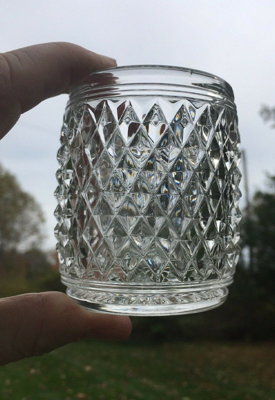 Photo: Pressed Glass Heavy Jelly Tumbler with Sawtooth / Diamond Point decoration. For sale on ebay.