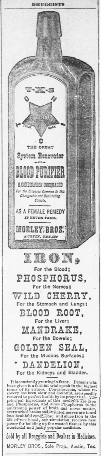 Kristin Holt | Victorian America's Dandelions. Blood Purifier containing a variety of components with purported uses. "Sold by all Druggists and Dealers in Medicines." The Austin Weekly Statesman of Austin, Texas on January 8, 1880.