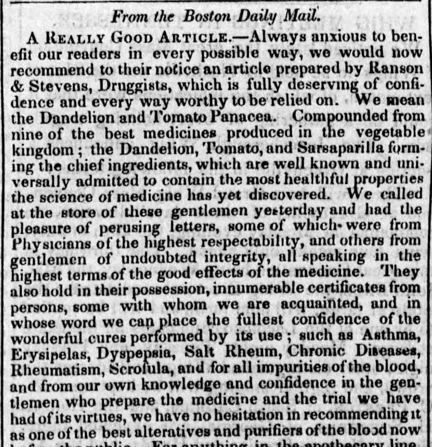 Kristin Holt | Victorian America's Dandelions. Beginning of a lengthy ad extolling the virtues of Dandelion and Tomato Panacea. Published in Whig Standard of Washington, District of Columbia on July 23, 1844.