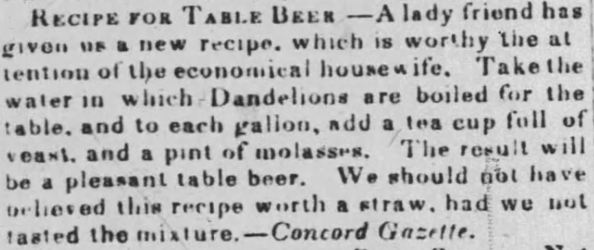 Kristin Holt | Victorian America's Dandelions. Dandelion Table Beer. The Pittsfield Sun of Pittsfield, Massachusetts on May 18, 1837.