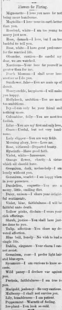 Kristin Holt | Victorian America's Dandelions. Flowers for Flirting: "Dandelion, coquette--You are a merry, little, smiling flirt." Petaluma Weekly Argus of Petaluma, California on January 3, 1885.
