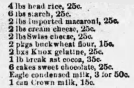 Kristin Holt | Victorian Jelly: Commercial Gelatin. Grocery Prices advertised, including Knox's Gelatin, priced at 2 for 25c. Published in The Kansas City Star of Kansas City, Missouri on April 5, 1892.