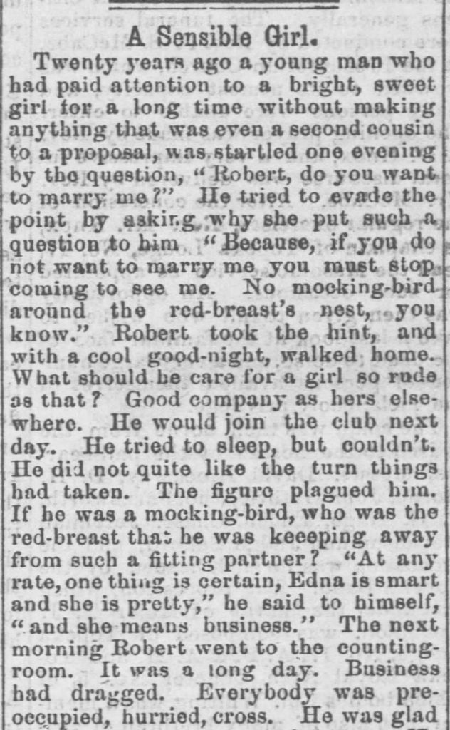 Kristin Holt | Proposal Wrought by Sensible Girl 1870. Tale of a sensible girl; how she simply brought her beau to the altar. From The Osage County Chronicle of Burlingame, Kansas, January 8, 1870. Part 1 of 2.