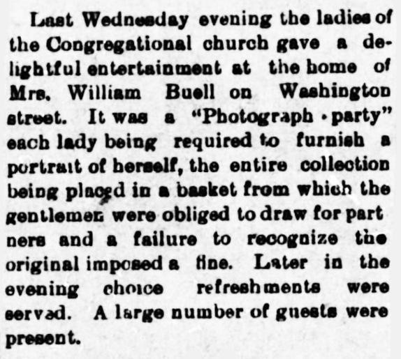 Kristin Holt | Victorian Photograph Parties. Couples pair off at party as men draw a photograph (of a female guest) and must guess her identity. Published in The Daily Republican of Oklahoma City, Oklahoma on March 8, 1896.