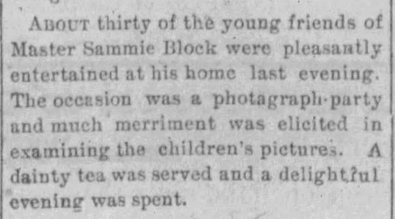 Kristin Holt | Victorian Photograph Parties. A Photograph Party held for a child and his friends. Announced in Grant County Witness of Platteville, Wisconsin on May 8, 1895.