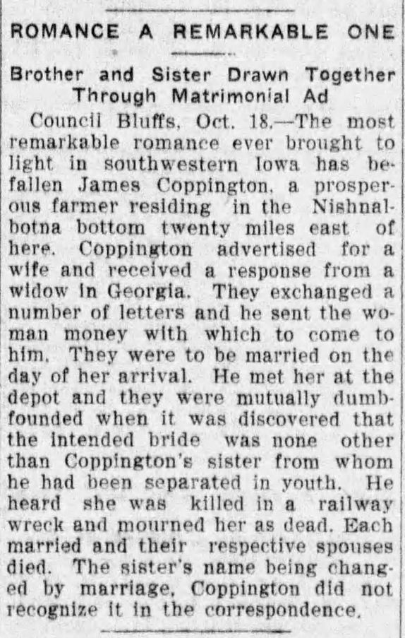 Kristin Holt | Mail Order Brides in the 19th Century American West. Matrimonial ad brings lost brother and sister together. From Davenport Weekly Republican of Davenport, Iowa on October 22, 1901.
