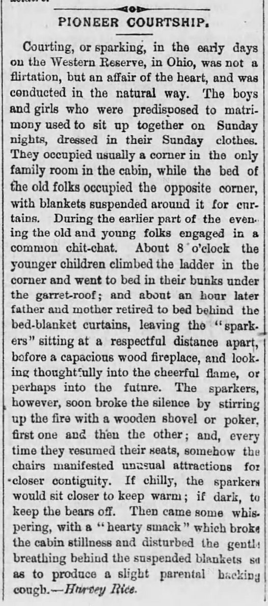 Kristin Holt | "Pioneer Courtship" article, from Wyoming Democrat of Tunkhannock, Pennsylvania on April 27, 1883. Related to Courtship, Old West Style.