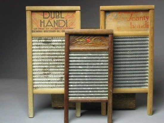 Kristin Holt | 19th Century Washing Machines. Photograph of three antique wash boards. Image: Pinterest.