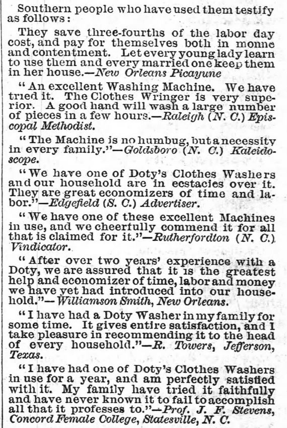 Kristin Holt | 19th Century Washing Machines. Illustrated Ad for Doty's Washing-Machine, Lately Much Improved--and the New Universal Clothes Wringer. From The Weekly Star of Wilmington, North Carolina on August 5, 1870. Part 2 of 3.