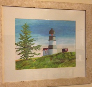 Kristin Holt | Cape Disappointment: Fact and Fiction. Photograph of framed artwork; artist's rendition of Cape Disappointment Light.