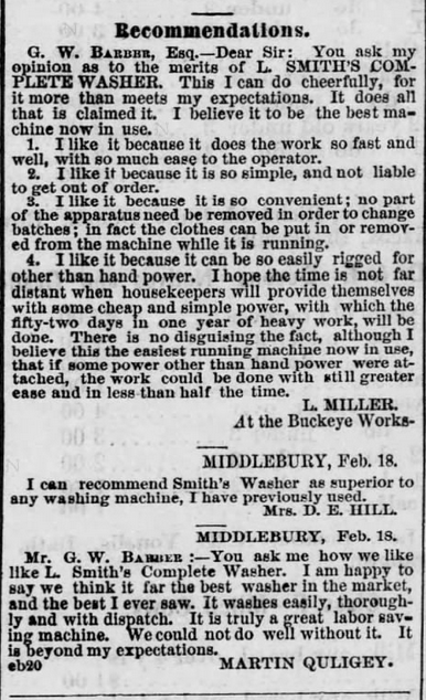 Kristin Holt | 19th Century Washing Machines. L. Smith's Complete Washer! Manufactured and sold by G. W. Barber: "Relief for the weary! Time, Labor & Money Saved! Patented June 25, 1867." The Summit County Beacon of Akron, Ohio on June 11, 1868. Part 2 of 3.