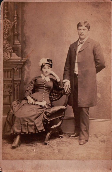 Kristin Holt | Old Fashioned Notions about Marriageable Women. Cabinet Card photograph of an unidentified couple, probably husband and wife, likely late 19th Century. Cabinet card's back is stamped "Wm. Shew's Photographic establishment, No 523 Kearny Street, San Francisco." [Cabinet print owned by Kristin Holt; purhcased on ebay]