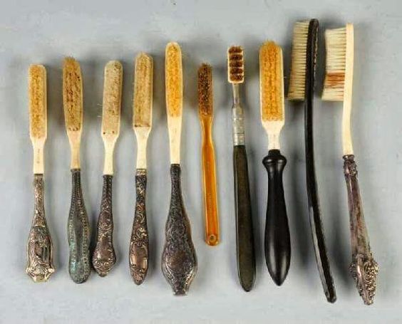 Kristin Holt | Old West: Toothbrushes and Toothpaste. Collection of Victorian Toothbrushes with silver handles, courtesy of Pinterest. 