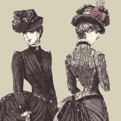 Kristin Holt | FIRSTS in Female Education, 19th Century American West. Vintage illustration of a fashion plate; two women in bustled dresses and hats.