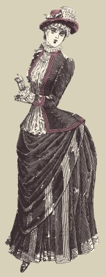 Kristin Holt | FIRSTS in Female Education, 19th Century American West. Vintage illustration of a fashion plate of ladies' fashions. From the decorated hat to draped and bustled skirt, this woman is fashionably dressed.