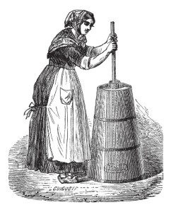 Kristin Holt | Butter-making in the Old West. Old engraved illustration of a woman churning butter.