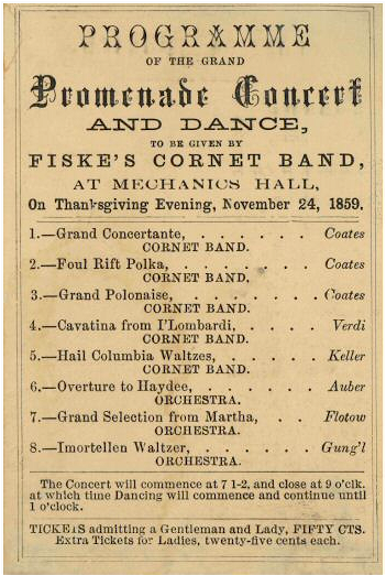 Kristin Holt | Victorian Era Thanksgiving Celebrations. Fiske's Coronet Band, Promenade Concert and Dance, held Thanksgiving Evening, 1859 in Mechanics Hall, Worcester, Mass. Courtesy of wikimedia. [Image: Public Domain]