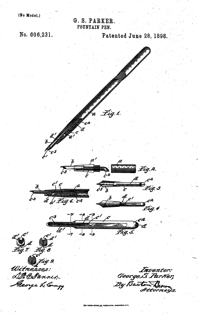 Kristin Holt | Fountain Pen, U.S. Patent No. 606,231, awarded June 28, 1898. Original patent image. Inventor: George S. Parker. Related to Victorian Fountain Pens.