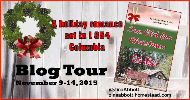 Kristin Holt | A holiday romance set in 1854 Columbia: Too Old for Christmas by Zina Abbott. Blog Tour November 9-14, 2015 (contains book review)