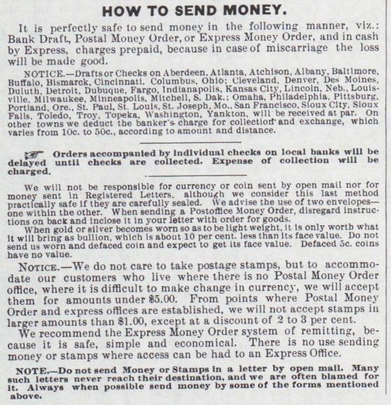 Kristin Holt | Mail-Order Catalogs and the Old West. How to Send Money. Montgomery Ward & Co., 1885 Catalogue, pg 1