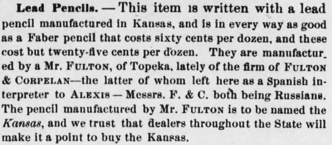 Kristin Holt | Pencils: Common in the Old West? Newspaper clipping from Kansas Farmer, Topeka Kansas, Monday, 1 April 1872 edition.