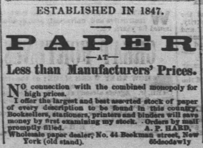 Kristin Holt | Paper: Common in the Old West? Advertised in the Daily Commonwealth of Topeka, Kansas on August 23, 1871, "Established in 1847. PAPER at Less than Manufacturers' Prices." Wholesale Paper Dealer in New York.