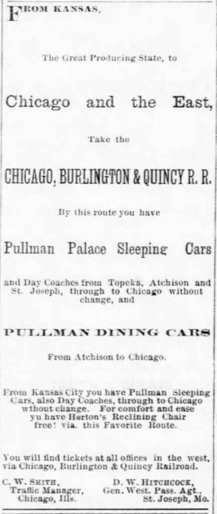 Kristin Holt | Luxury Travel 1890-Style. Pulman Palace Cars and Dining Cars advertised route from Atchison to Chicago and versa. Walnut Valley Times of El Dorado, Kansas on May 14, 1880.