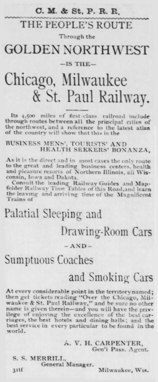 Kristin Holt | Luxury Travel 1890-Style. From Steuben Republican of Angola, Indiana on February 20, 1883: The Chicago, Milwaukee and St. Paul Railway advertises comfortable railway travel.