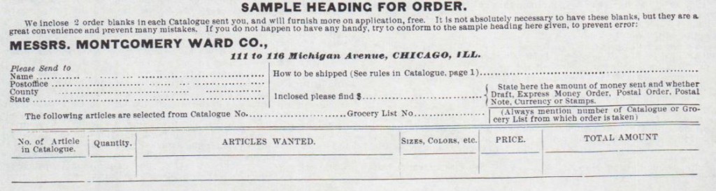 Kristin Holt | Mail-Order Catalogs and the Old West. Sample Heading for Order. Montgomery Ward & Co., 1885 Catalogue, pg 2