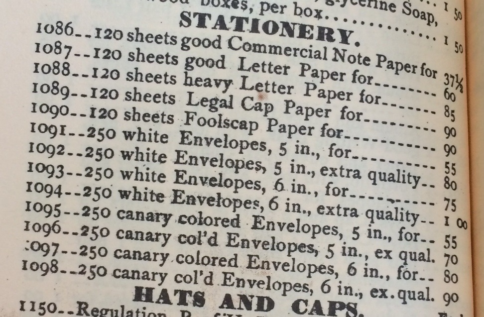 Kristin Holt | Paper: Common in the Old West? Montgomery Ward & Co., Catalogue No. 13 (1875), pg 32. "Stationery" section offers 13 options.