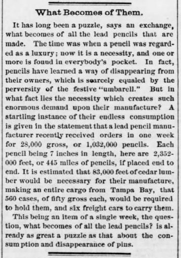 Kristin Holt | Pencils: Common in the Old West? What Becomes of All the Pencils? From The Osage County Chronicle on March 17, 1876.