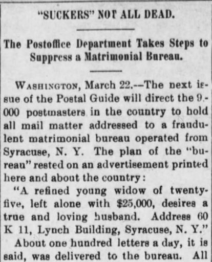 Kristin Holt | Nineteenth Century Mail-Order Bride SCAMS, Part 7. Boys run scam. Suppressed by PostOffice Dept. Published in The Evening Bulletin of Maysville, Kentucky on March 25, 1901.
