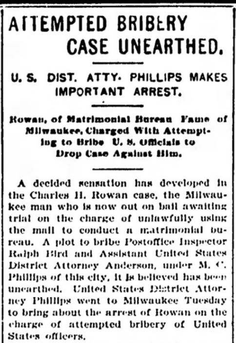 Kristin Holt | Nineteenth Century Mail-Order Bride SCAMS, Part 11. Charles Rowan bribes U.S. Officials. Reported in the Oshkosh Daily Northwestern of Oshkosh, Wisconson on February 15, 1899.