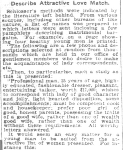 Kristin Holt | Nineteenth Century Mail-Order Bride SCAMS, Part 6. Chicago Standard Correspondence Club, from the Pittsburgh Daily Post on November 9, 1902. Part 3 of 6.