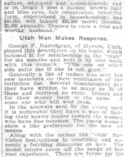 Kristin Holt | Nineteenth Century Mail-Order Bride SCAMS, Part 6. Chicago Standard Correspondence Club, from the Pittsburgh Daily Post on November 9, 1902. Part 5 of 6.