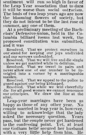 Kristin Holt | Victorian Leap Year Traditions Part 2. "Leap Year is Here and the Designing Maidens Are Happy." The Saint Paul Globe of St. Paul, Minnesota on January 15, 1888. Part 5 of 6.