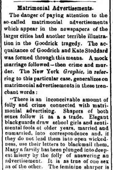 Kristin Holt | Nineteenth Century Mail-Order Bride SCAMS, Part 2. Danger and Tragedy in Matrimonial Advertising, from The Herald and Torchlight, Hagerstown, Maryland on August 6, 1873. Part 1 of 2.
