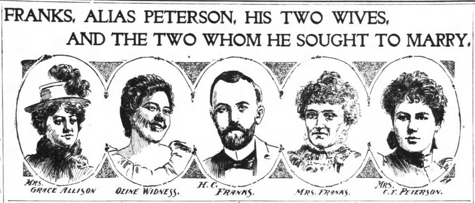 Kristin Holt | Nineteenth Century Mail-Order Bride SCAMS, Part 3. "Franks, Alias Peterson, His Two Wives, and the Two Whom He Sought to Marry." From the San Francisco Chronicle, San Francisco, California on 29 January 1899. Image included with article header.