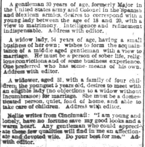 Kristin Holt | NEWSPAPER Brides vs. Mail-Order Brides. Personal Classified Ads for Matrimonial Possibilities. Source: Indianapolis News, 15 Feb 1873. [Image: Courtesy of Newspapers.com]