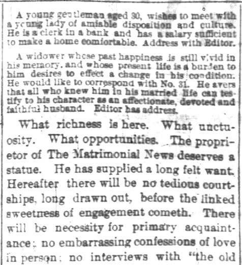 Kristin Holt | NEWSPAPER Brides vs. Mail-Order Brides. Indianapolis News, 15 Feb 1873. United States advertisements for potential brides and grooms.