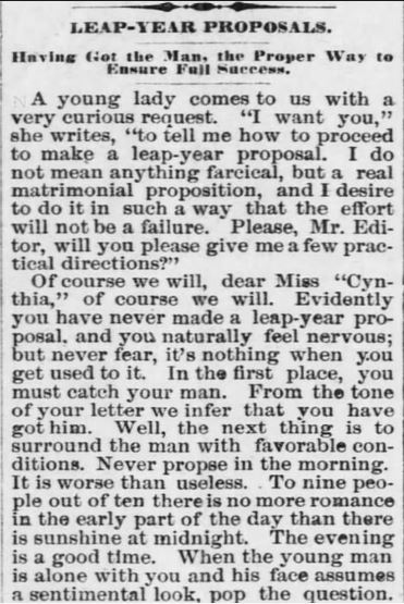 Kristin Holt | Leap-Year Proposals Part 1. From The Weekly Kansas Chief of Troy, Kansas on January 21, 1892. Part 1 of 3.