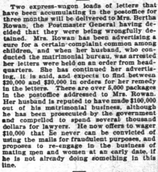 Kristin Holt | Nineteenth Century Mail-Order Bride SCAMS, Part 11. Mrs. Rowan in business too. Mr. Rowan wagers he'll never be found guilty. The Inter Ocean, Chicago, Illinois. 15 July, 1899.