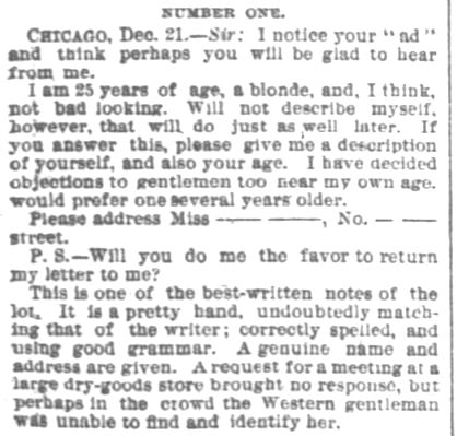 Kristin Holt | Letter written in a woman to a potentially fraudulent man. Portion of an article printed in Chicago Daily Tribune on Sunday, 28 December, 1884. (Part 3)