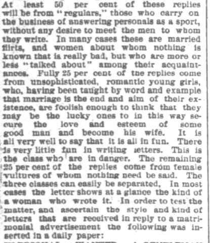 Kristin Holt | Portion of an article regarding the percentages of letter-writing frauds engaged in entertaining themselves through mail-order bride agencies. Printed in Chicago Daily Tribune on Sunday, 28 December, 1884. (Part 1)